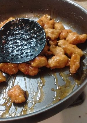 A picture of Panda express orange chicken.