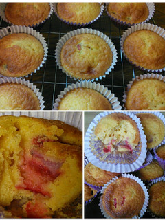 A picture of Polenta & Strawberry Cup Cakes. Super Moist & Yummy.