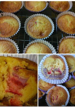 A picture of Polenta & Strawberry Cup Cakes. Super Moist & Yummy.
