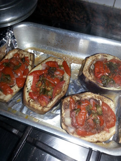 A picture of HCG diet meal 5 & 6: Eggplant boats and burgers. recipe for 2.