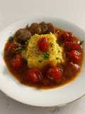 Baked Polenta with Roasted Cherry Tomato Sauce and Italian Sausage