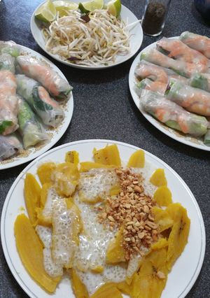 A picture of Vietnamese Summer Rolls with spicy garlic peanut sauce.
