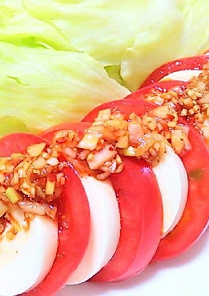 A picture of Silken Tofu and Tomatoes with Scallion Dressing.