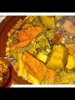 A picture of Moroccan Couscous with Meat and Vegetables.