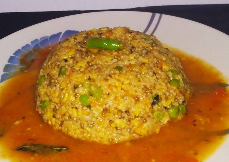 Simple Way to Make Any-night-of-the-week Daliya khichdi with tomato rasam
