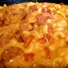 A picture of One Pot Cheesy Smoked Sausage & Pasta Skillet.