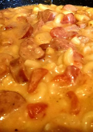 A picture of One Pot Cheesy Smoked Sausage & Pasta Skillet.