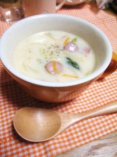 A picture of Cream Soup Side Dish with Wiener Sausages.