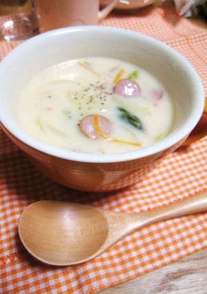 A picture of Cream Soup Side Dish with Wiener Sausages.
