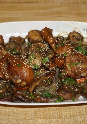 A picture of Chicken Thigh Stew with Japanese Eggplant and Cremini Mushrooms with Rice Noodles, Jon Style.