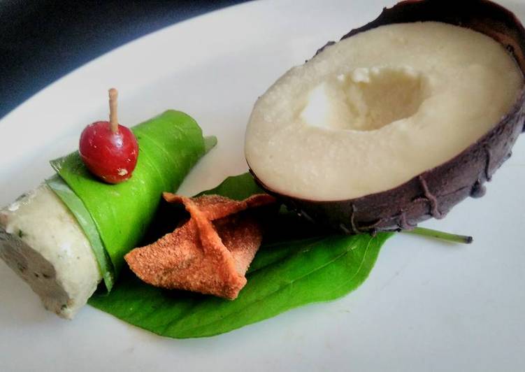 Recipe of Award-winning The Amazing Trio (Coconut mousse in Chocolate shells, Gulkand, Wontons and a Paan Cheesecake)