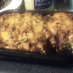A picture of BBQ CHEDDAR CHICKEN CASSEROLE OVER CORNBREAD.