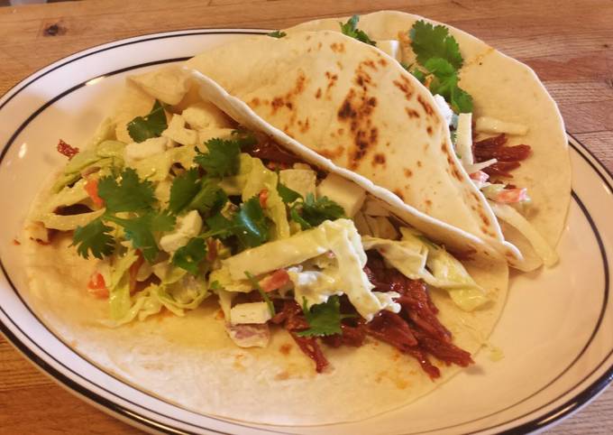 Spicy Corned Beef Tacos with an Avocado Dressing Coleslaw