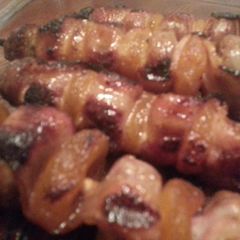 A picture of Bacon Sausage Apricot Kabobs.