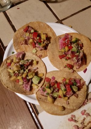 A picture of Seared Ahi Tacos with Mango-Avo Salsa.
