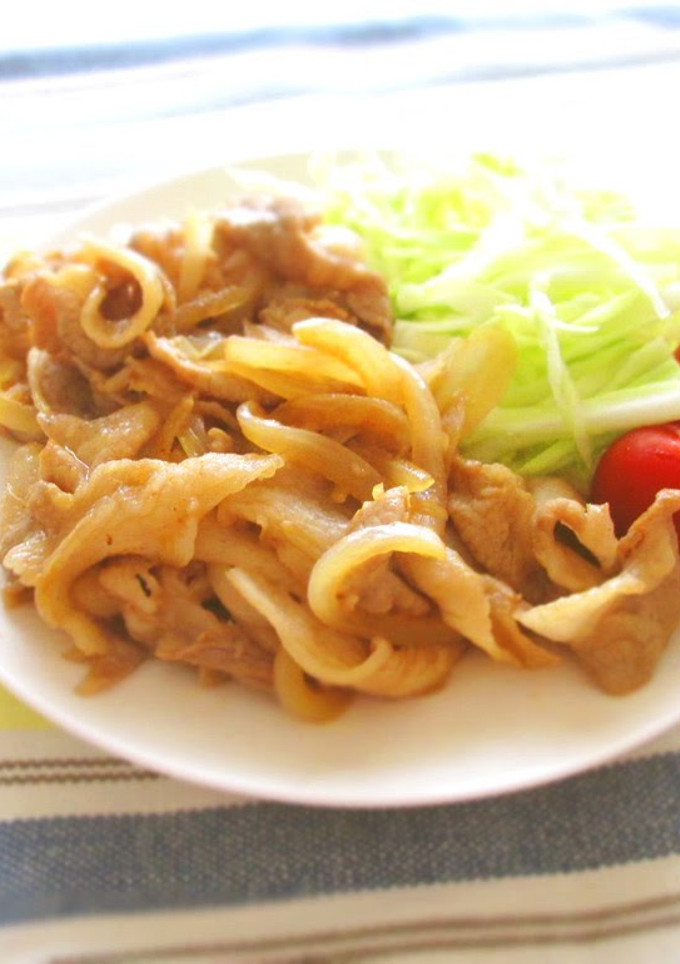 A picture of Stir-Fried Pork and Onion with Ginger and Ponzu Sauce.