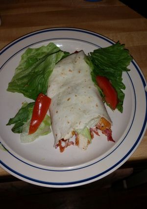 A picture of Kim's chicken bacon wrap.