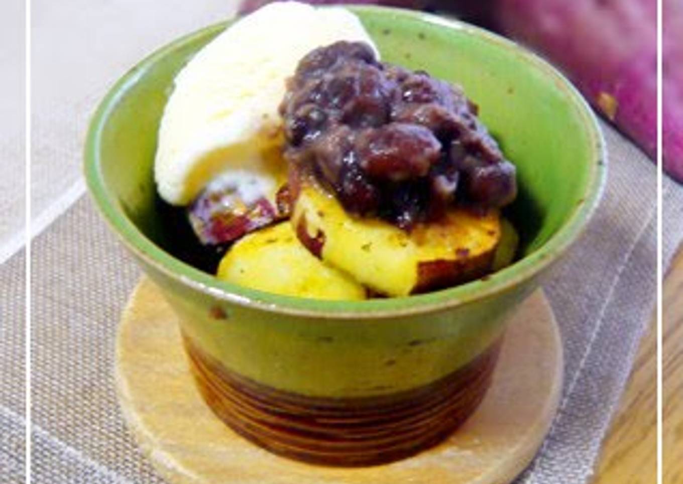 Sweet potatoes with butter, sweet red beans and vanilla ice cream