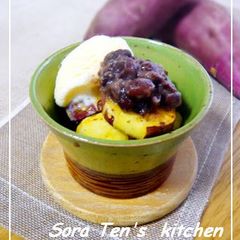 Buttered Sweet Potatoes with Sweet Red Beans and Vanilla Ice Cream A picture of Buttered Sweet Potatoes with Sweet Red Beans and Vanilla Ice Cream.