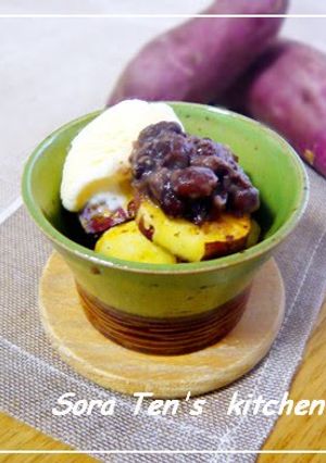 A picture of Buttered Sweet Potatoes with Sweet Red Beans and Vanilla Ice Cream.