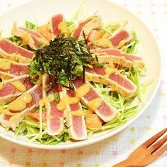 A picture of Tuna Tataki and Mizuna Salad with Garlic-Miso Dressing.