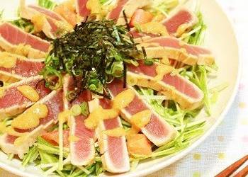 Ultimate Serving Recipe Tuna Tataki and Mizuna Salad with GarlicMiso Dressing Home Style