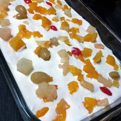 A picture of Pam's Biscuit dessert in cream and fruitcocktail....