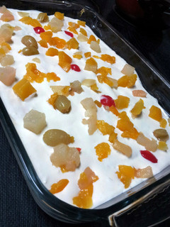 A picture of Pam's Biscuit dessert in cream and fruitcocktail....