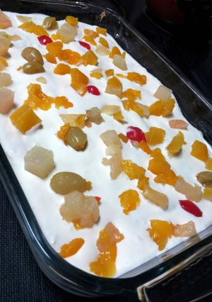 A picture of Pam's Biscuit dessert in cream and fruitcocktail....
