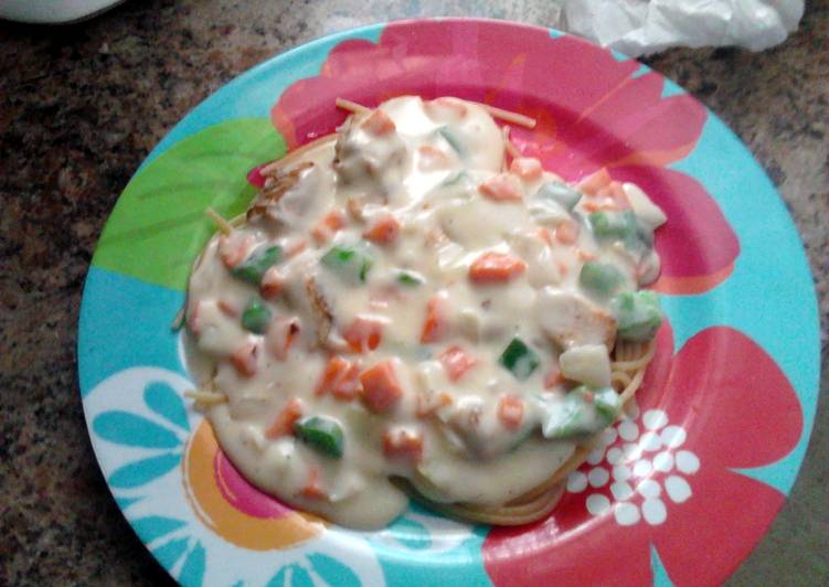 Simple Way to Prepare Award-winning homemade veggie white sauce over chicken and spaghetti