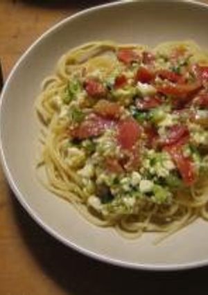 A picture of Cold Pasta with Cheese and Summer Vegetables.