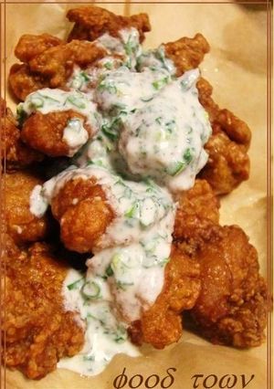 A picture of Yogurt Marinated Fried Chicken with Sour Cream Tartare Sauce.