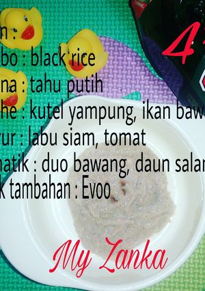 Foto resep BUBUR NAHITA KUTELBA TOLASI (nasi hitam, kuning telur, ikan bawal, tomat, labusiam) 7M+ MPASI