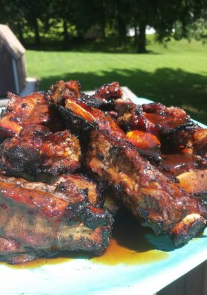 A picture of Bourbon glazed beef ribs.