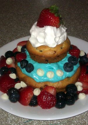 A picture of Rick's Red White and Blue Cheese-Berry Muffincake for Two.