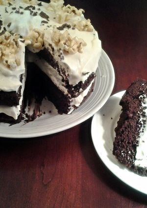 A picture of Chocolate Cake with Caramel Mousse Filling.