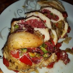 A picture of Pastrami stuffed boneless chicken breasts.