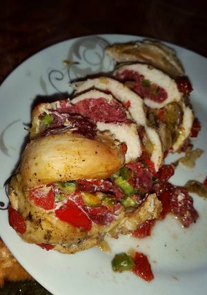 A picture of Pastrami stuffed boneless chicken breasts.