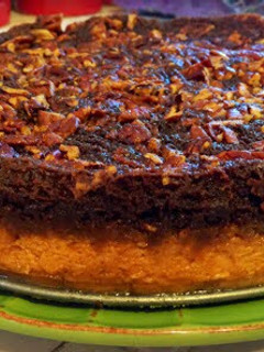 A picture of chocolate Pumpkin Pecan Crunch Cake.