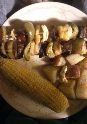 A picture of Steak Stew Meat Shish Kabobs.