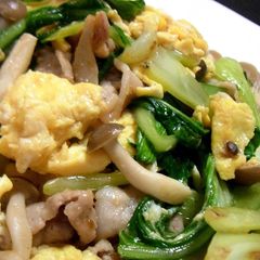 A picture of Stir-Fried Bok Choy, Pork, Mushroom, and Egg.