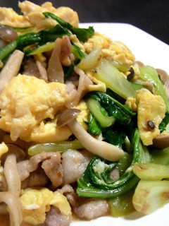 A picture of Stir-Fried Bok Choy, Pork, Mushroom, and Egg.