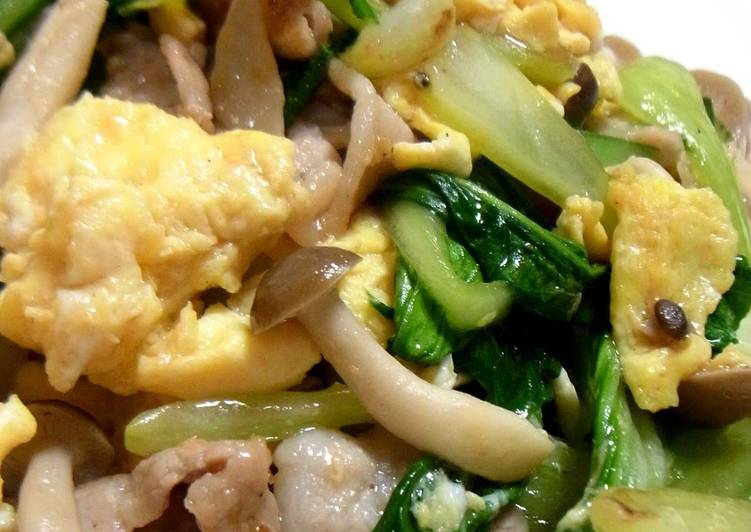Stir-Fried Bok Choy, Pork, Mushroom, and Egg