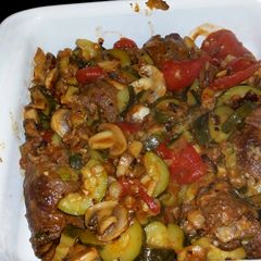 Braciole with chunky tomato-mushroom sauce A picture of Braciole with chunky tomato-mushroom sauce.
