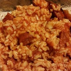 A picture of Saucy Sausage and rice.