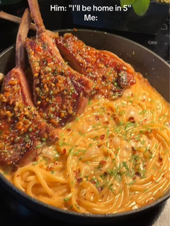 A picture of Honey garlic lamb with sweet onion pasta ✨.