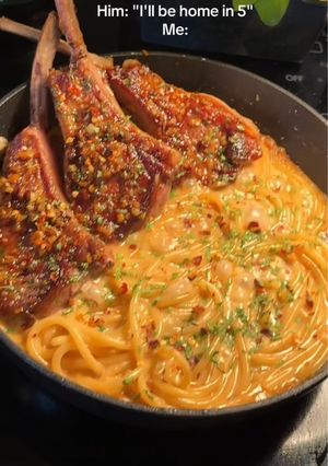 A picture of Honey garlic lamb with sweet onion pasta ✨.