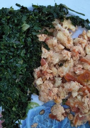 A picture of Sukuma wiki with eggs.