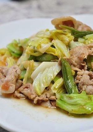 A picture of Cabbage and Pork Stir Fry with Ume Soy Sauce.