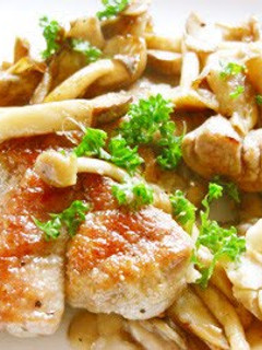 A picture of Tender Pork Tenderloin and Mushrooms Sautéed in Butter.